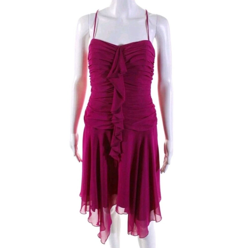 ABS Womens Crossover Spaghetti Strap Ruched Ruffle Dress Pink Size 6